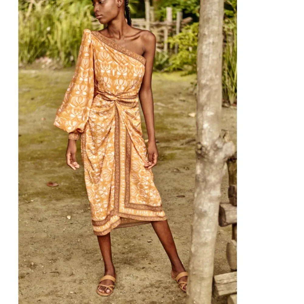 Andres Otalora Abril Asymmetric Pareo Midi Dress Size Orange/Brown Small NWT - Picture 5 of 15